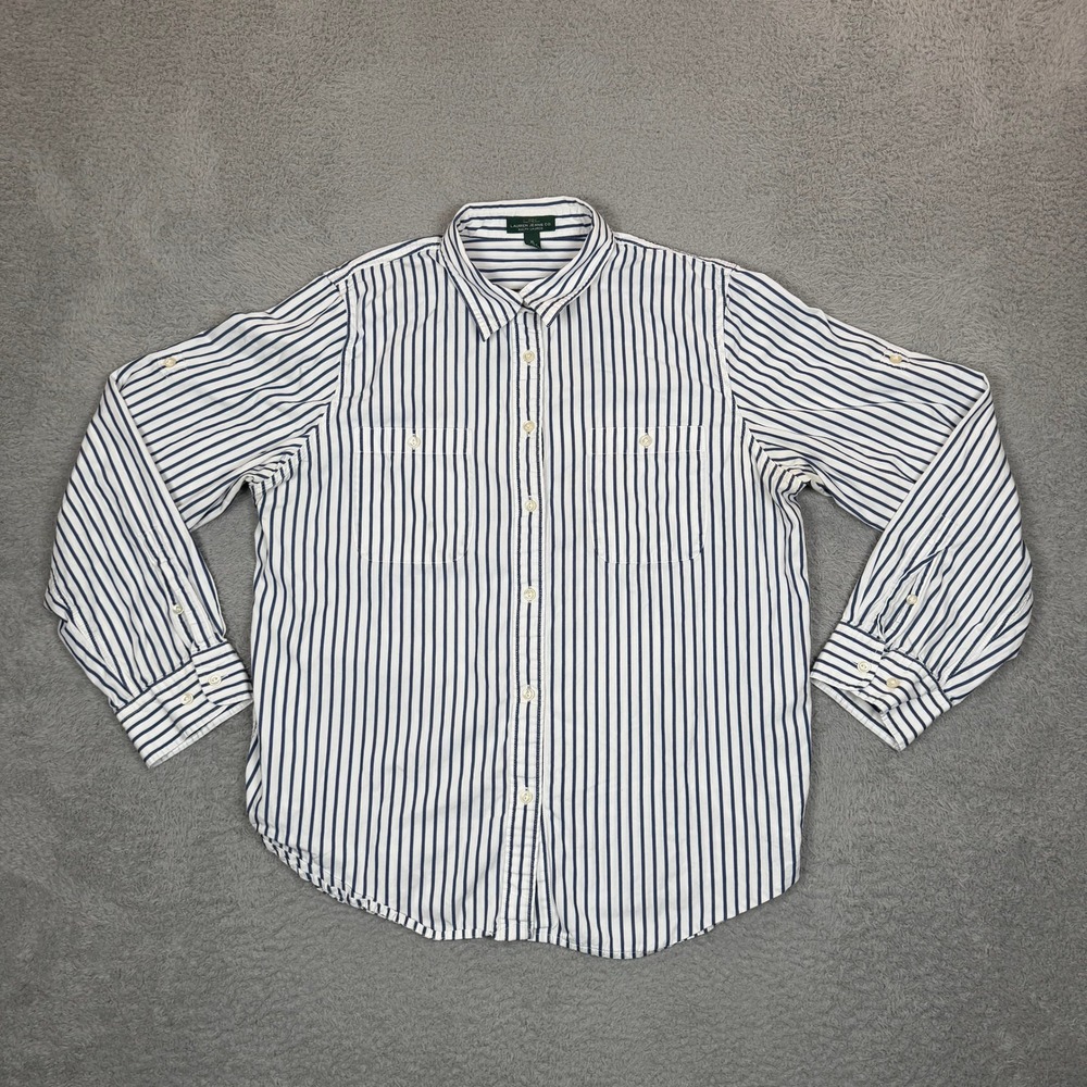 Lauren Ralph Lauren Striped Button Down Shirt XL Navy White Roll Tab Cotton
